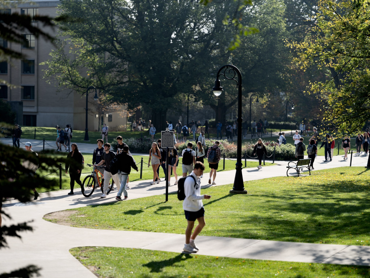 Students walking on campus paths